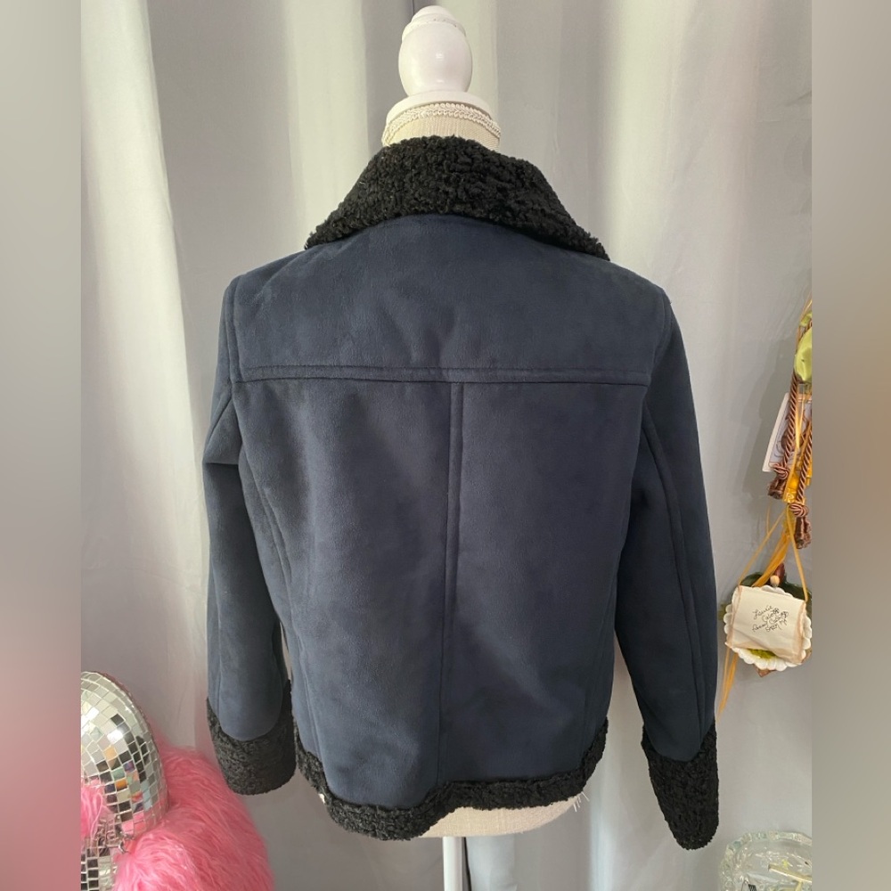 NWOT ANN TAYLOR NAVY BLUE FAUX SUEDE BLACK SHERPA JACKET COAT SIZE 8 - Picture 8 of 10